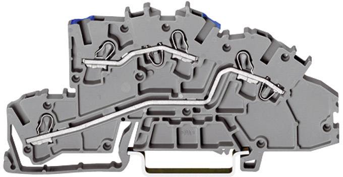 Morsetto grigio con conduttori metallici ed elementi blu, utilizzato per collegare cavi elettrici in un quadro elettrico.