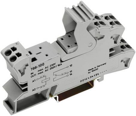 Relè su guida DIN grigio con dettagli tecnici e simboli di commutazione sulla superficie. Sviluppato per tensione di rete da 230V, corrente da 16A.