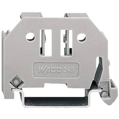 Morsetto isolato grigio con due fori di connessione e leva laterale, utilizzato nei circuiti elettrici per il collegamento sicuro dei cavi.