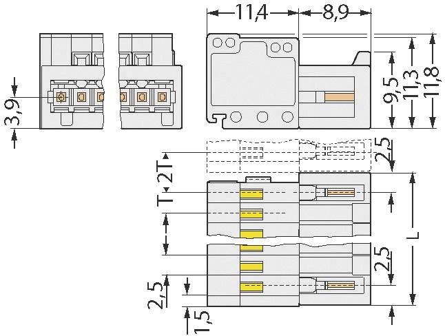 Disegno tecnico di un connettore con quote dimensionali. La vista dall'alto mostra la finestra di ispezione, la vista laterale mostra i contatti elettrici e l'alloggiamento.