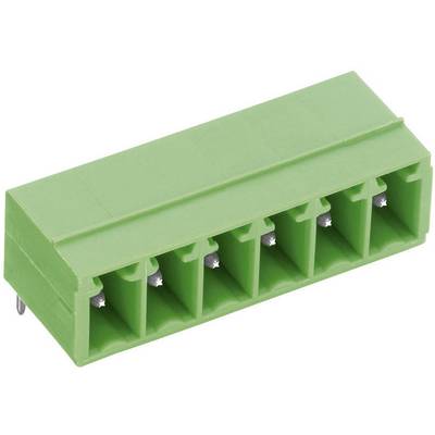 Connettore elettrico verde con sei slot per connessioni di cavi, idoneo per il montaggio su scheda elettronica in dispositivi elettronici.