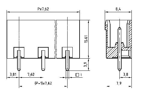 Disegno tecnico di un componente con quote in millimetri, raffigurante le viste frontale e laterale con pin e dettagli strutturali.