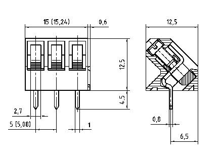 Disegno tecnico di un connettore tripolare con indicazioni dimensionali in millimetri. Sono rappresentate la vista principale e la sezione trasversale.