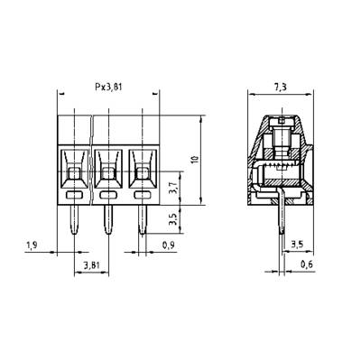 Disegno tecnico di una spina a tre poli con dimensioni: larghezza 10 mm, altezza 7,3 mm. La vista in sezione mostra la struttura interna.