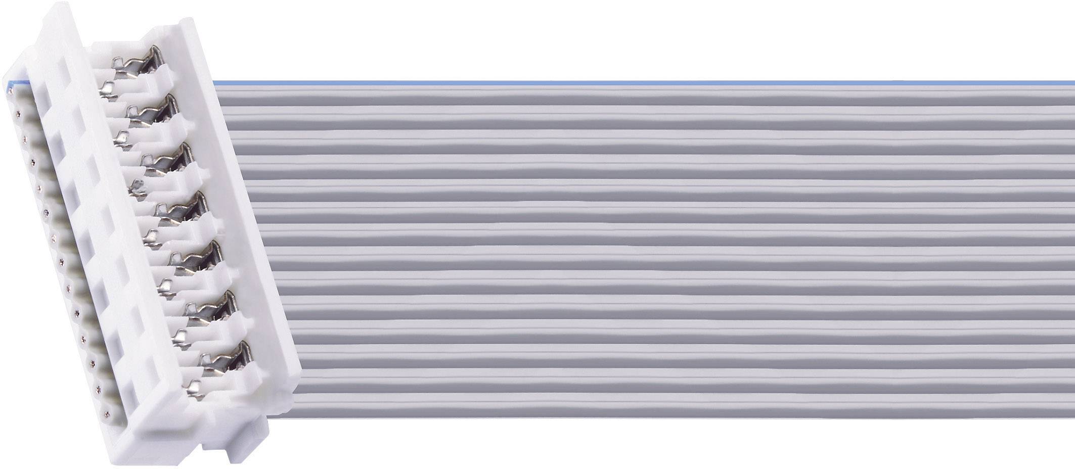 Cavo piatto grigio sottile con connettore bianco in plastica, adatto per connessioni elettroniche e dispositivi.
