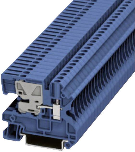 Blocco morsetti in fila blu, mostrato chiuso, con connessione laterale a vite. Adatto per il montaggio su guida di supporto.