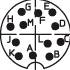 Diagramma di un connettore rotondo a 13 pin con marcatura dei pin da A a M.