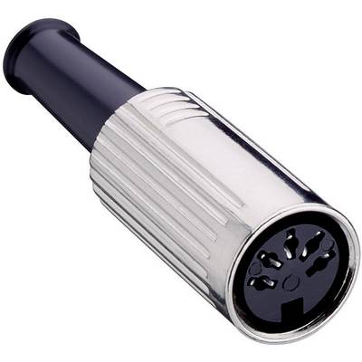 Un connettore DIN nero e argento con cinque pin, utilizzato in dispositivi elettronici per connessioni audio e video.