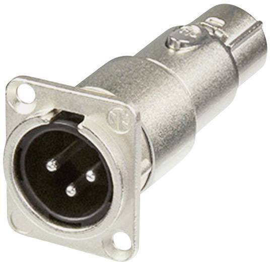 Un connettore XLR metallico a tre pin, comunemente utilizzato in connessioni audio e microfoniche, è posizionato obliquamente verso l'alto a destra.