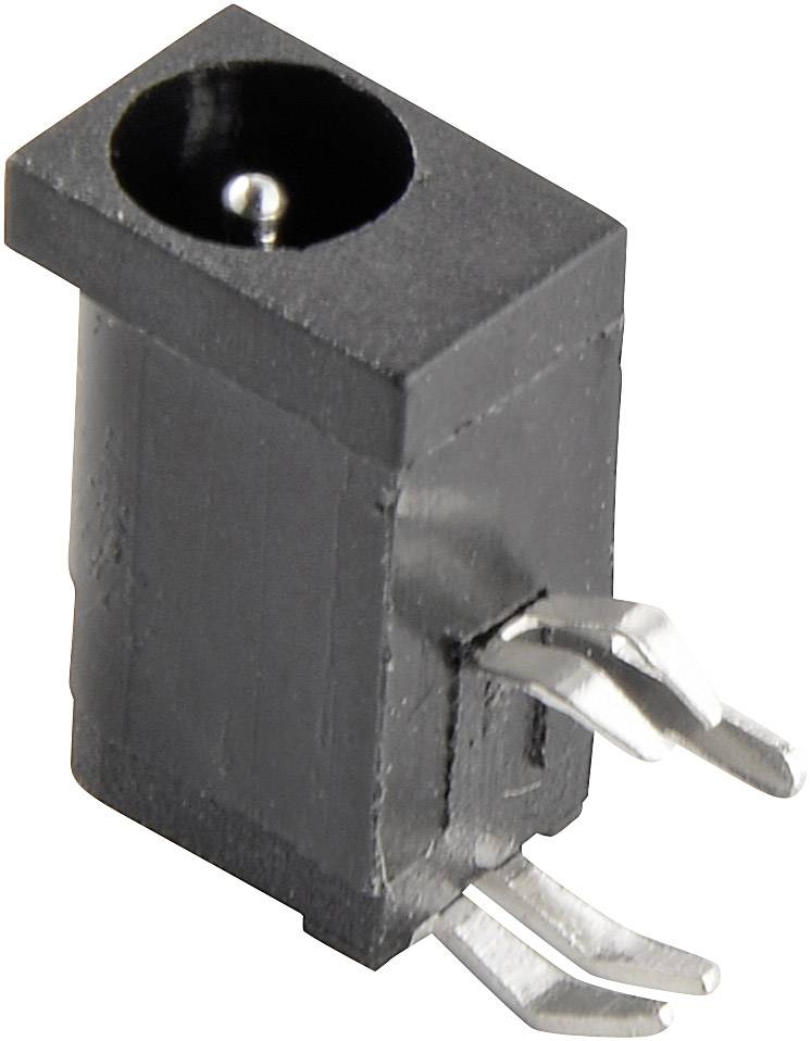 Un connettore di alimentazione DC nero con due piedini metallici di connessione, in posizione verticale.