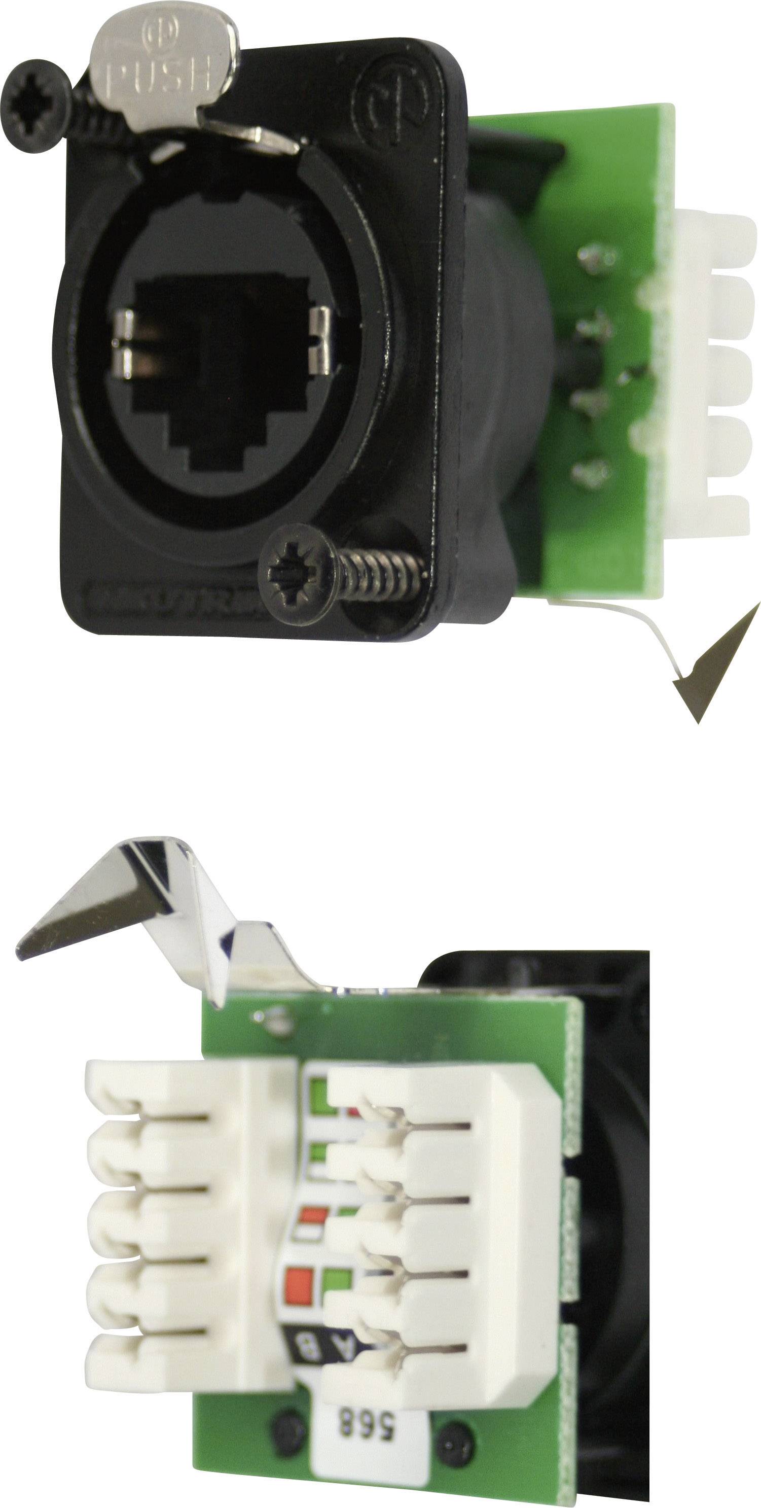 'Connettore RJ45 da pannello con circuito stampato e connessioni cavo. La variante include una leva laterale per un bloccaggio saldo.'