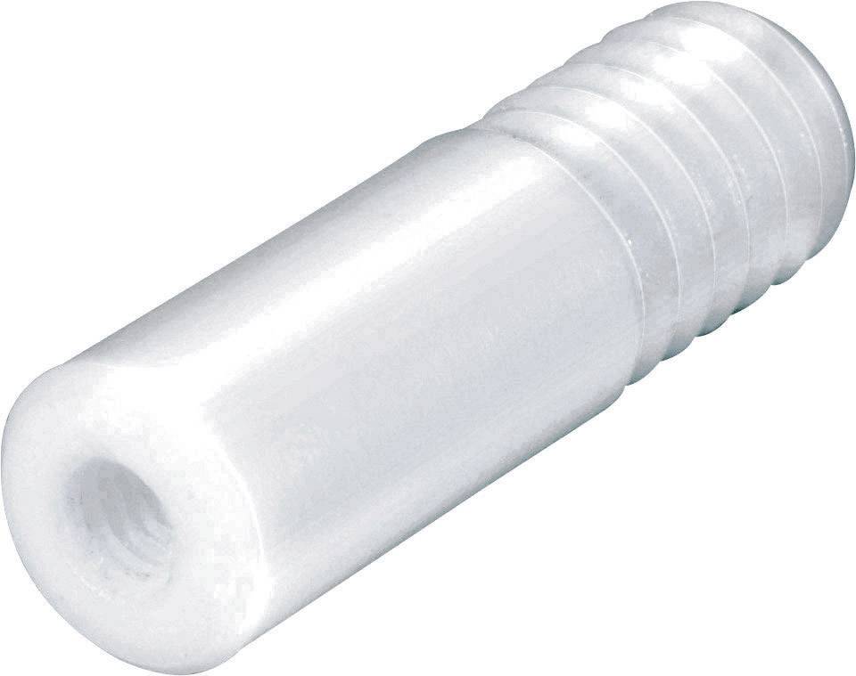 Un piolo cilindrico in plastica filettato su un'estremità, utilizzato come elemento di giunzione in progetti di costruzione o ingegneria.