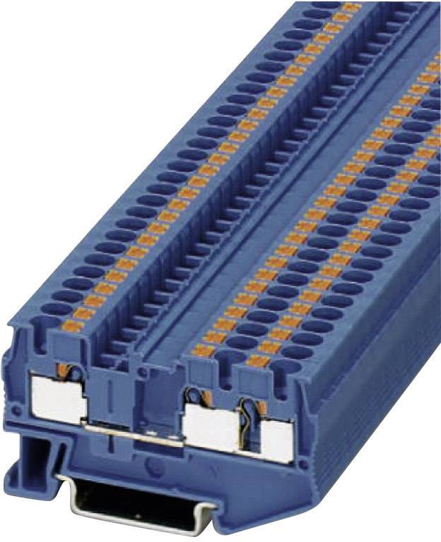 Morsettiera elettrica a serie in blu, con numerosi morsetti di connessione e dettagli arancioni, per l'utilizzo in quadri elettrici.