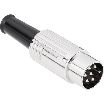 Una spina metallica con più pin, utilizzata per connessioni audio o elettroniche, su sfondo bianco.