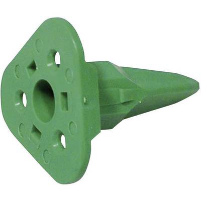 Ancora in plastica verde, a forma triangolare, con un foro centrale, quattro piccoli fori e punta conica. Utilizzata per fissaggi nel terreno.