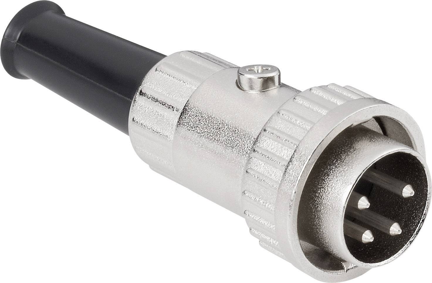 Un connettore elettrico argentato, cilindrico, con impugnatura nera, dotato di tre spinotti metallici per il collegamento a un dispositivo compatibile.