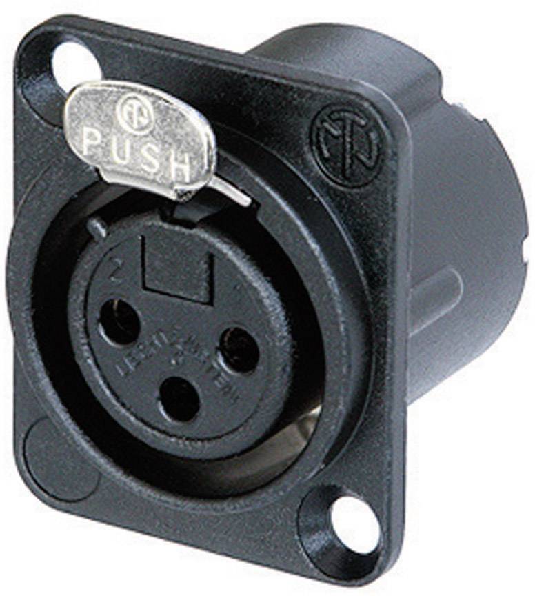 Una presa XLR nera con tre fori e un pulsante 'PUSH' sul bordo superiore per il bloccaggio del connettore.