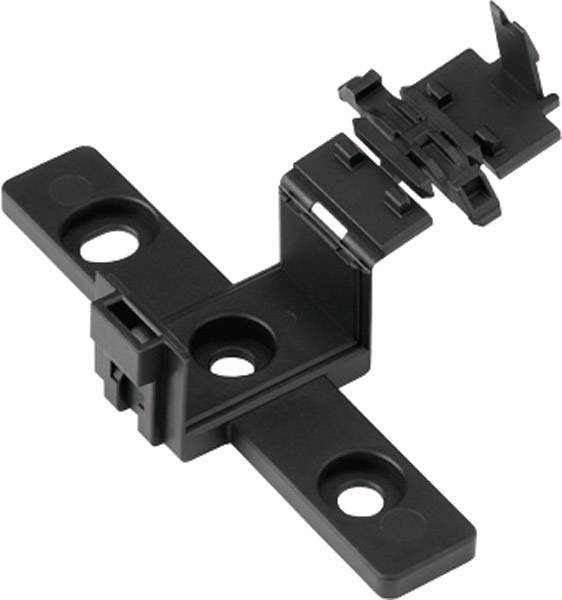 Cerniera in plastica nera con due bracci piatti, composta da due parti. Adatta per il montaggio su superfici piane.