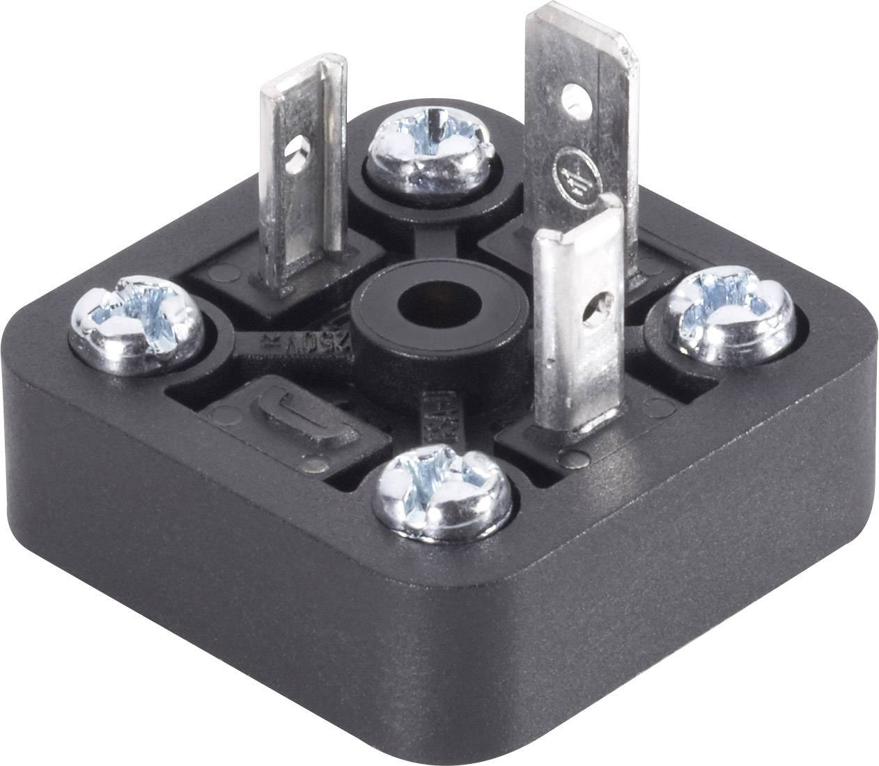 Involucro nero per raddrizzatore a ponte con quattro linguette metalliche e viti agli angoli, su sfondo bianco.