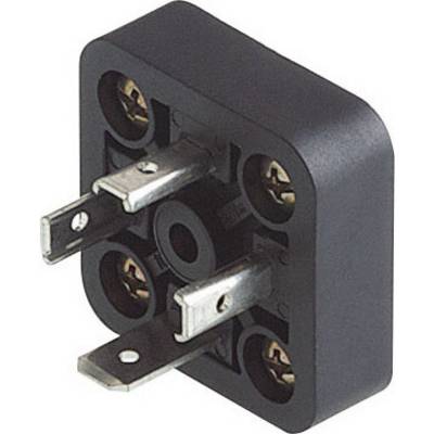 Connettore elettrico nero con tre pin metallici, design simmetrico.