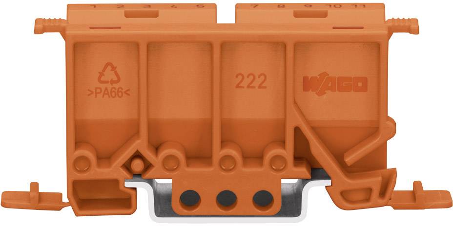 Connettore elettrico arancione con la scritta '222' e logo del produttore, utilizzato in impianti elettrici.