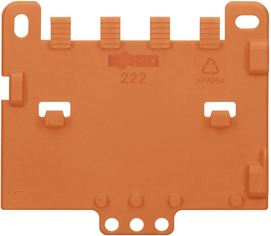 Portacavi arancione in plastica con diversi intagli e fori, contrassegnato con 'WAGO 222'.