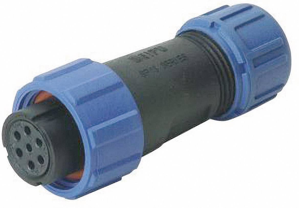 Connettore a spina, cilindrico, nero con dadi di fissaggio blu, per connessioni di cavi in campo elettronico ed elettrotecnico.