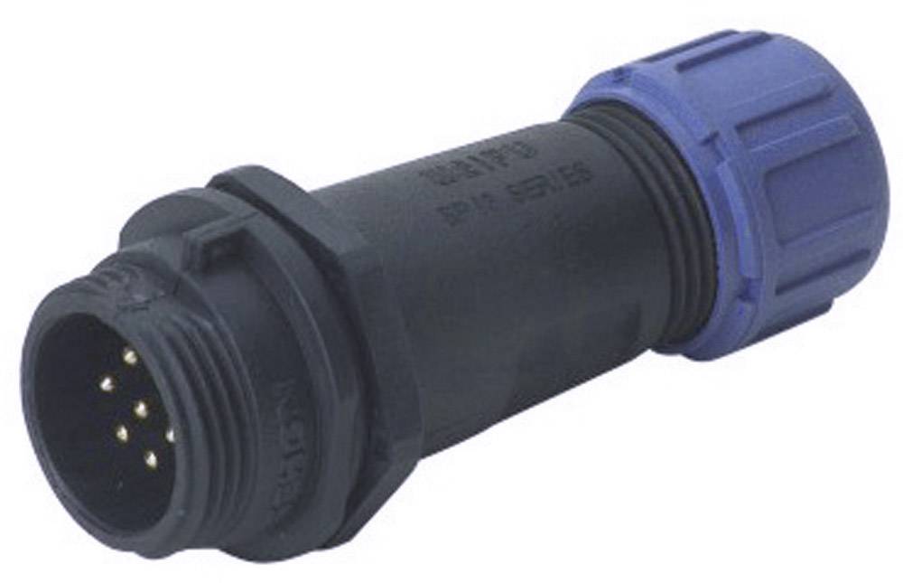 Connettore con più pin e cappuccio di chiusura blu, idoneo per connessioni elettriche in applicazioni industriali.