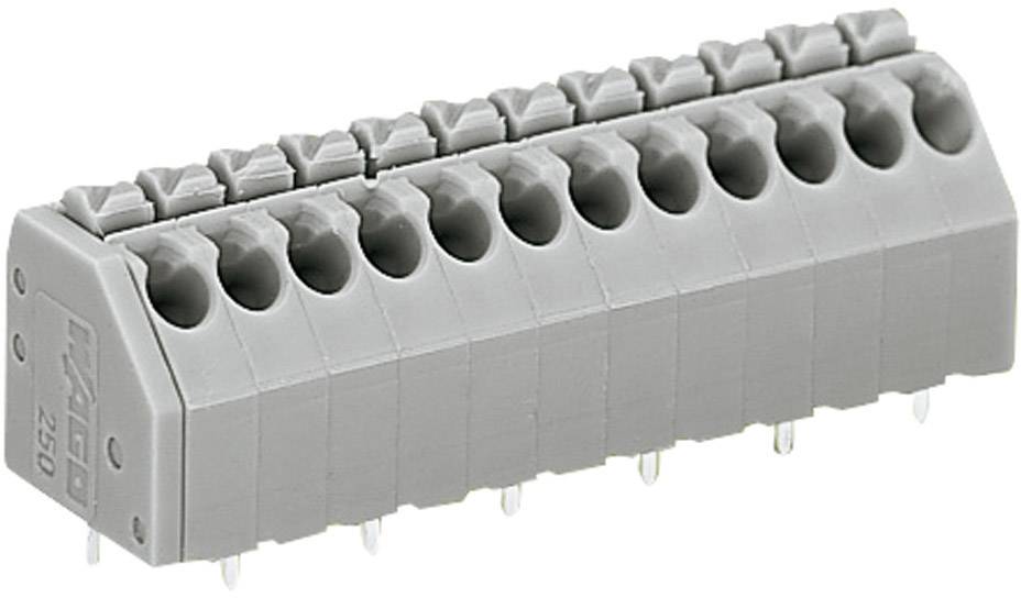 Connettore grigio con più morsetti per connessioni elettroniche, idoneo per il montaggio su scheda elettronica.