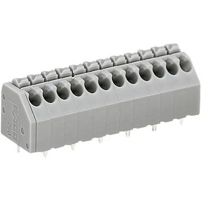 Connettore grigio con più morsetti per connessioni elettroniche, idoneo per il montaggio su scheda elettronica.