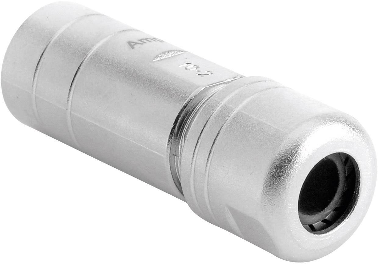 Adattatore cilindrico in metallo, per la connessione di cavi audio, color argento, con scanalature distintive e apertura di ingresso sul lato frontale.