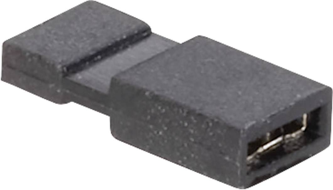 Un connettore jumper nero, utilizzato per connessioni elettriche su schede elettroniche, mostra i contatti dei pin sul lato destro.