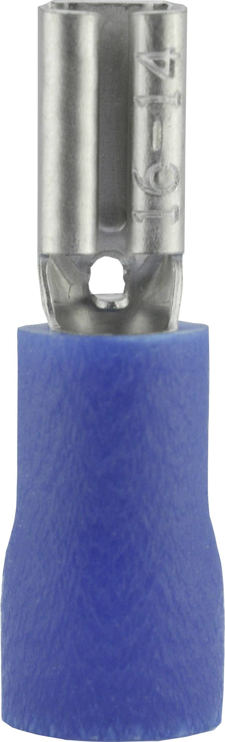 Un capocorda blu isolato con un anello metallico in alto. Adatto per dimensioni di fili da 16 a 14 AWG. Utilizzato in connessioni elettriche.