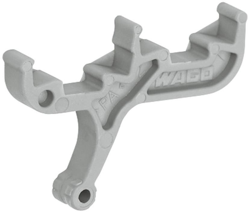 Supporto grigio in plastica con forma curva e tre attacchi.