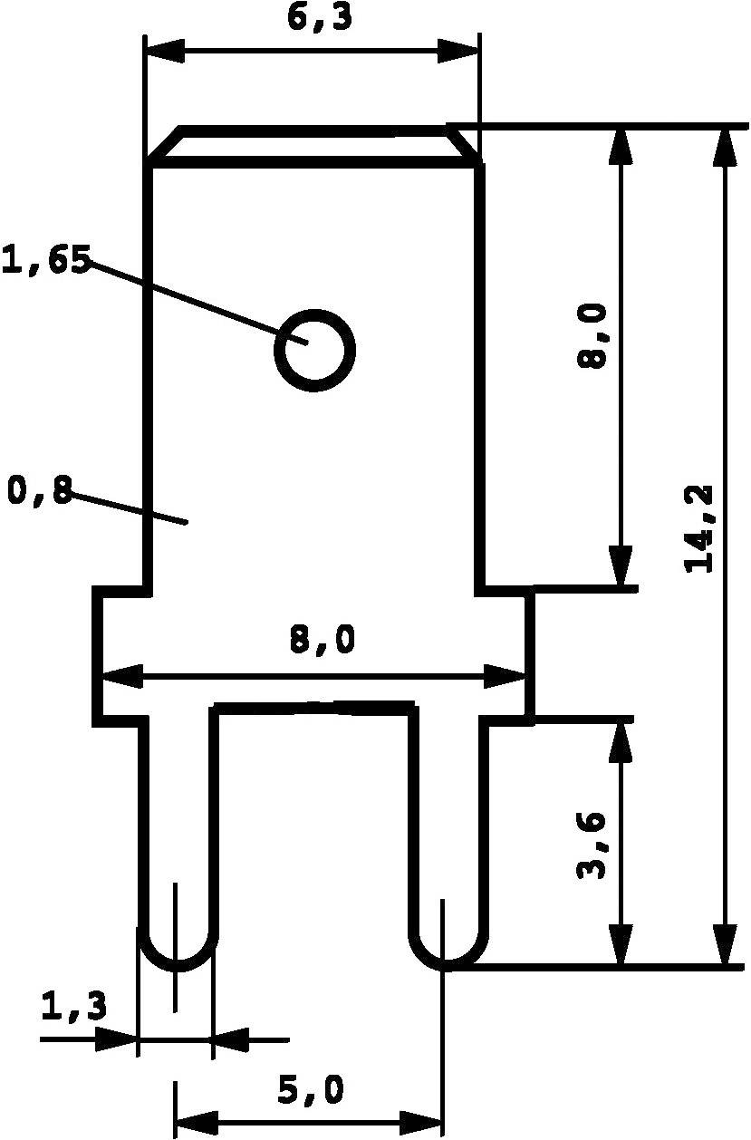 Disegno tecnico di un connettore elettrico con quote in millimetri, tra cui 6,3, 8,0, 1,65, 0,8, 14,2, 3,6, 1,3 e 5,0.