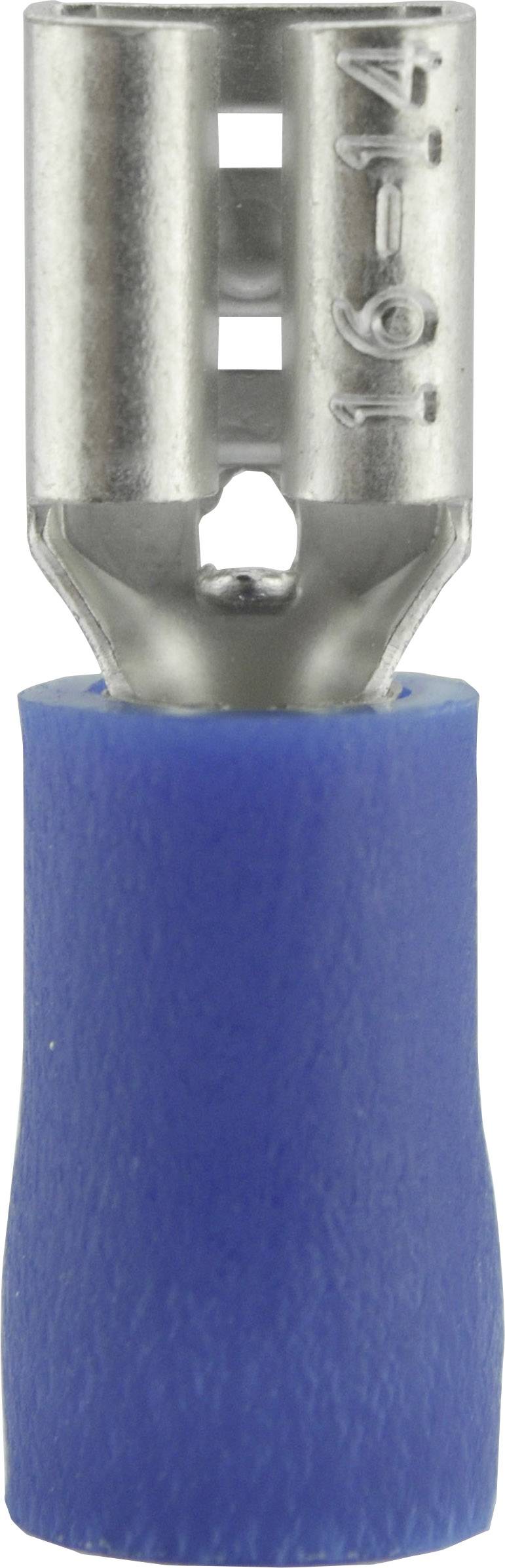 Un connettore metallico isolato in blu con manicotto cilindrico e apertura di inserimento quadrata aperta, per connessioni di cavi elettrici.