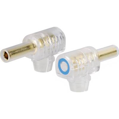 Due spine angolari trasparenti con contatti dorati, adatte per connessioni audio o video. Una mostra il lato frontale, l'altra il lato posteriore.