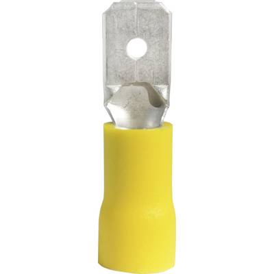 Un capocorda giallo con un connettore metallico piatto in alto. Il capocorda viene utilizzato per collegare conduttori elettrici.