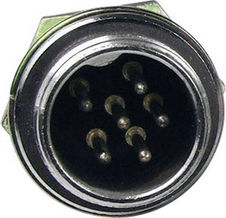 Un connettore rotondo nero con cinque pin argentati all'interno. Il connettore ha un involucro metallico ed è utilizzato per la trasmissione dati.