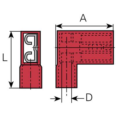 Disegno tecnico di un profilo rosso a forma di L con dimensioni L, A e D, che mostra la struttura interna e le misure.