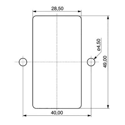 Disegno tecnico rettangolare: Rettangolo con dimensioni 40,00 x 49,00 mm, due fori (⌀ 4,50 mm) sulla linea mediana, distanza 28,50 mm.