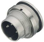 Connettore metallico con più pin e filettatura per il fissaggio, comunemente utilizzato in applicazioni elettriche.