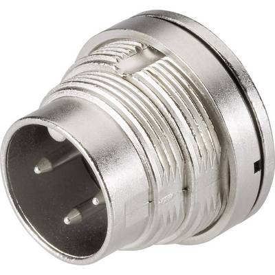 Un connettore circolare metallico a tre pin, adatto per applicazioni industriali o elettroniche.