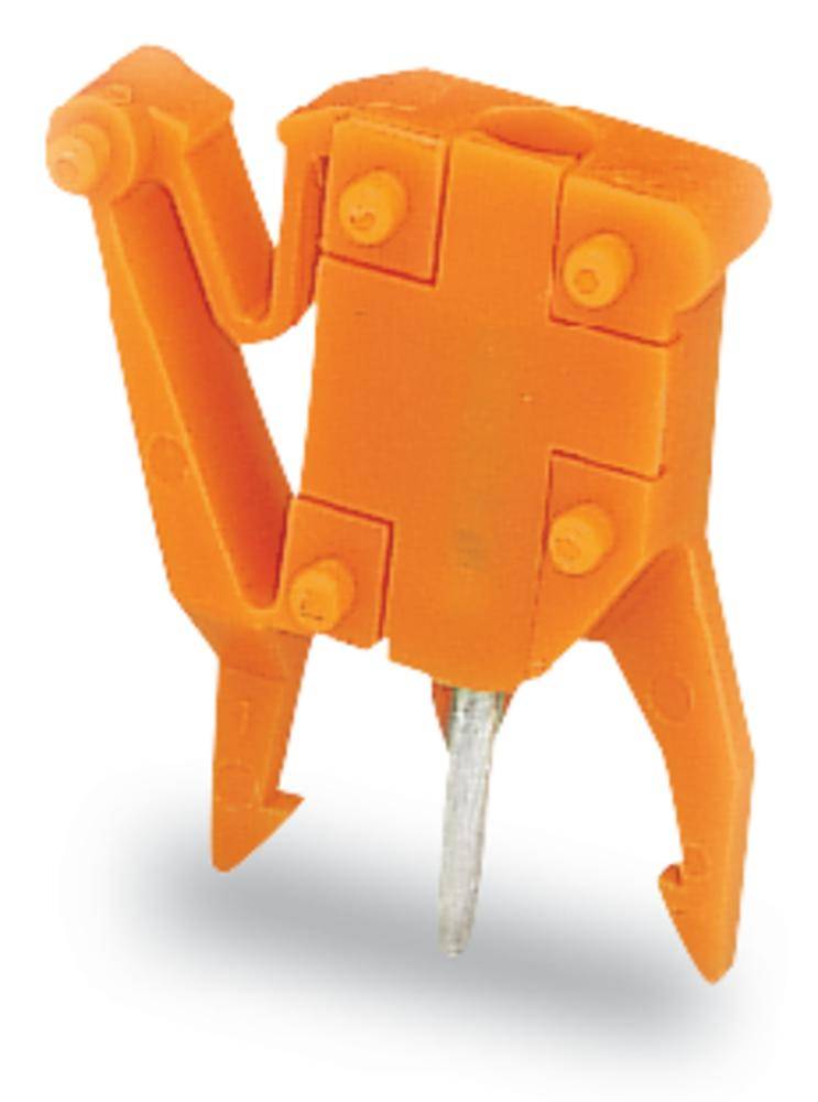 Un componente di plastica arancione con un perno metallico al centro, simile a un elemento di fissaggio.