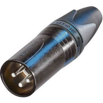 Connettore XLR in primo piano. Involucro metallico nero e blu con tre pin argentati. Utilizzato nelle connessioni audio.