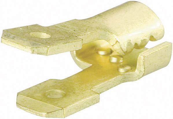 Un connettore metallico dorato con struttura piatta, idoneo per il fissaggio sicuro di cavi o linee elettriche.