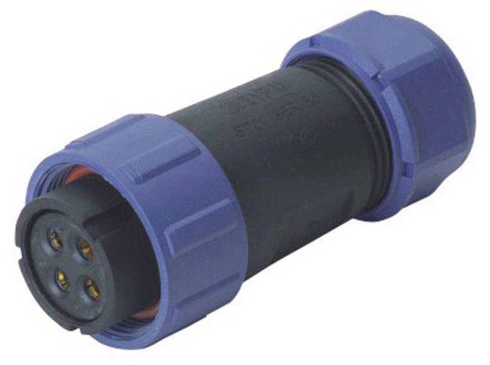 Un connettore elettrotecnico cilindrico blu e nero con più piedini di contatto metallici su un'estremità.