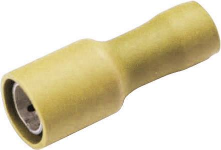 Un capocorda isolato giallo con un'estremità metallica cilindrica, utilizzato per collegare cavi elettrici.