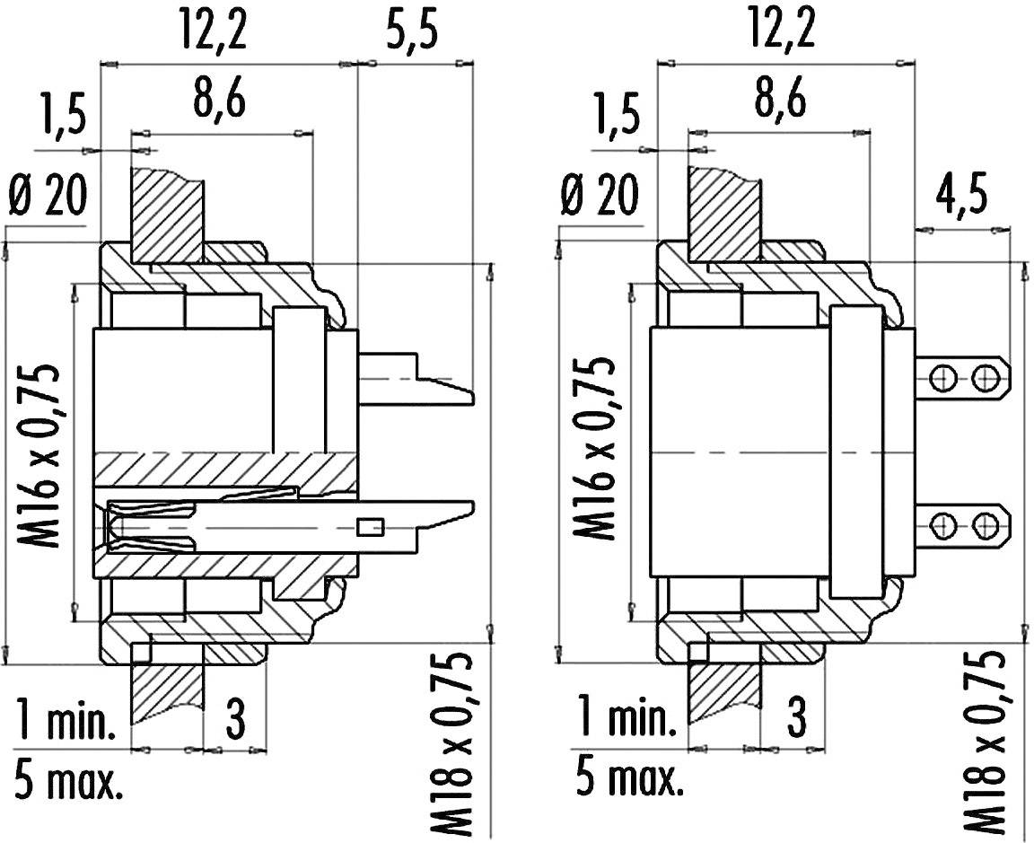 Disegno tecnico di un connettore elettrico con dimensioni in millimetri, dettagli dei filetti e contatti elettrici.