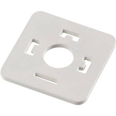 Dispositivo di fissaggio quadrato bianco in plastica con apertura centrale rotonda e quattro fessure per possibilità di montaggio.